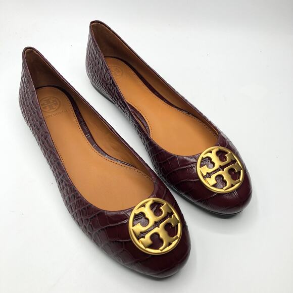 Tory Burch Womens Chelsea Ballet Croco Emboss Gold Logo Cap Toe Flat 7.5 New - Picture 1 of 6